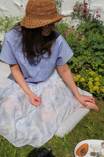 映月 純棉內裡 松緊腰天絲印花半裙