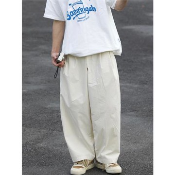 FANGKONG 日系褶皺純色闊腿工裝褲男夏季cityboy寬松休閑直筒長褲