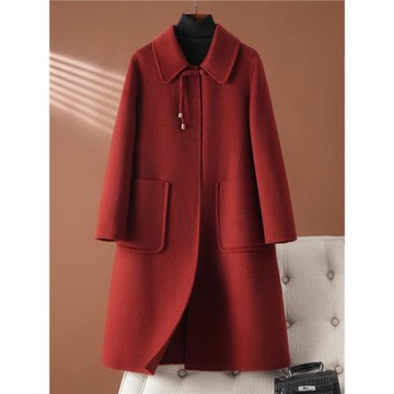 (免運)紅色雙面零羊絨大衣女中長款2025新款羊毛國風盤扣媽媽裝毛呢外套