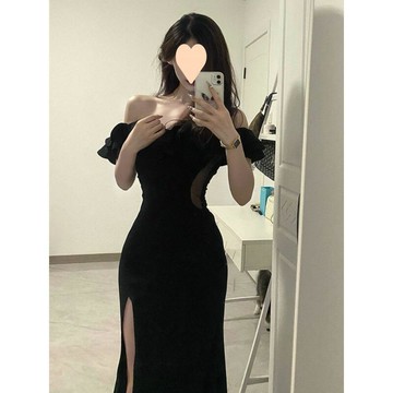 法式高級感成人禮生日宴會禮服裙氣質一字肩性感開叉連衣裙長裙子