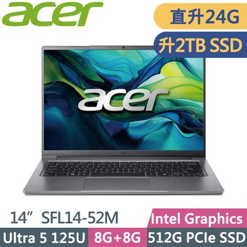 Acer Swift Lite SFL14-52M-531X 灰(Ultra 5 125U/8G+16G/2TB/14吋WUXGA/W11)特仕