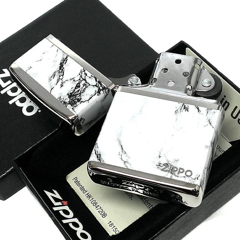 ジッポ ライター ZIPPO ロゴ シルバー ホワイト 4面加工 大理石 Marble Logo かっこいい おしゃれ メンズ ギフト プレゼント