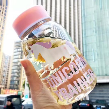 韓版大容量uniicorn 獨角獸玻璃杯子粉字母帶茶隔學生便攜女水杯