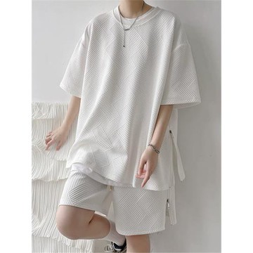 側面拉鏈設計感短袖t恤男夏季套裝青少年休閑運動籃球服學生夏裝