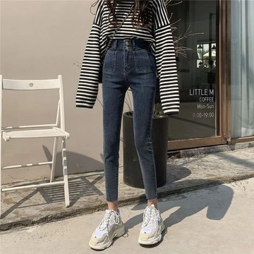 【PING'S🌞】高腰 牛仔褲 新款 彈力 顯瘦 緊身 百搭 修身 小個子 九分 小腳 鉛筆 褲子