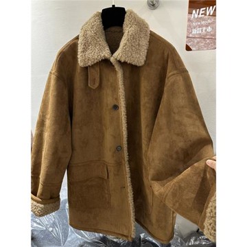 高端歐貨秋冬新款寬松加厚中長款復古麂皮絨翻領羊羔毛大衣外套女