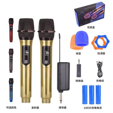 跨境一拖二話筒家用KTV聲卡舞臺直播話筒電鍍金屬質感混響【Snowbelle優選】