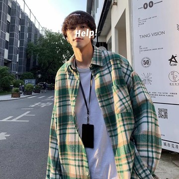 格子寬鬆襯衫男 韓版休閒時尚百搭長袖鈕扣上衣