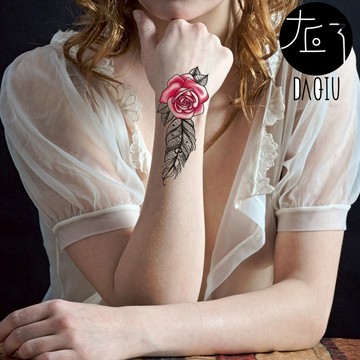 👑大邱紋身👑台灣現貨 羽毛蕾絲玫瑰 骷髏 十字架 新 防水 紋身 刺青 貼紙 紋身貼 刺青貼 半甲 手臂 T05