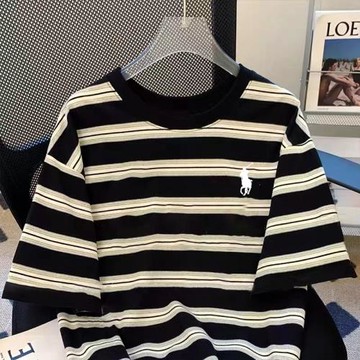 海外訂單尾貨~剪標撤回夏季新款寬松百搭男女情侶款條紋短袖T恤