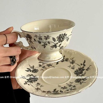 法式復古vintage灰玫瑰咖啡杯碟套裝下午茶水杯拿鐵杯子小眾禮物