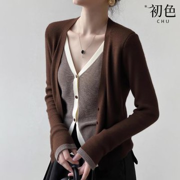 初色 韓系復古撞色拼接假兩件V領長袖針織開衫修身顯瘦上衣女上衣-棕色-16504(F可選)