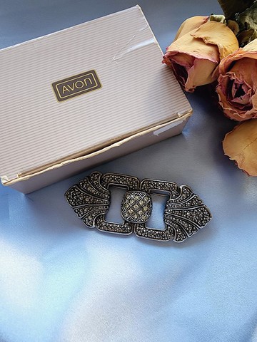 美國西洋古董飾品 / 1991年AVON仿鐵礦萊茵藝術風格銀色胸針Art