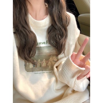 【太妮絲L189】現貨 韓系 奶油杏針織毛衣 可愛印花 圖案 針織上衣 保暖 簡約 氣質