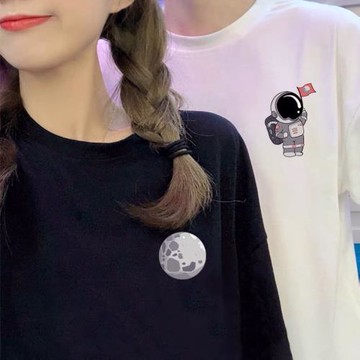 INS夏季新款純棉情侶短袖小眾設計感寬松重磅全棉宇航員情侶t恤