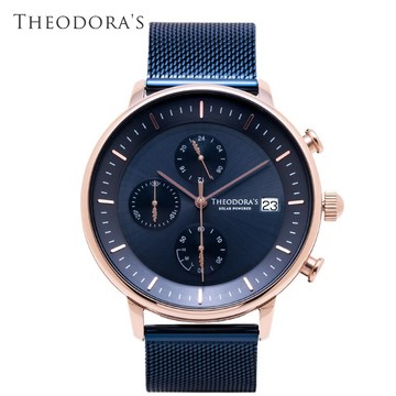 【THEODORA'S】Mercury 太陽能金屬手錶 三眼深藍-米蘭深藍【希奧朵拉】