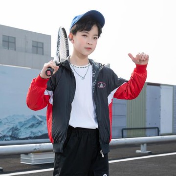 GILE男童外套春秋款大男孩紅色春裝衣服兒童運動開衫拉鏈上衣