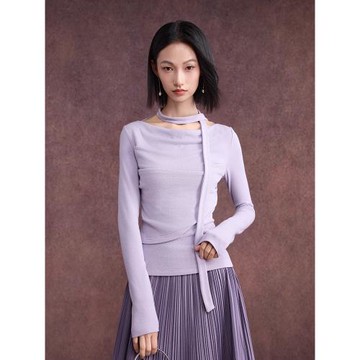 春設 25春夏新品 紫色飄帶蕩領收腰打底衫上衣