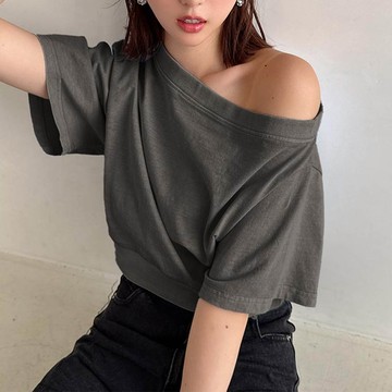 日本 GRL - 一字領時尚短版露肩上衣-炭灰 (F)