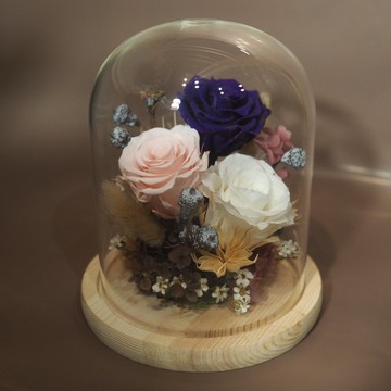 三朵永生玫瑰罩盅/木底紫粉色