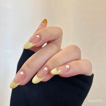 💅限時下殺穿戴甲💅鵝黃法式珍珠純手工美甲穿戴甲高級小衆ins網紅氣質辣妹裸色學生手工穿戴甲 DVCR