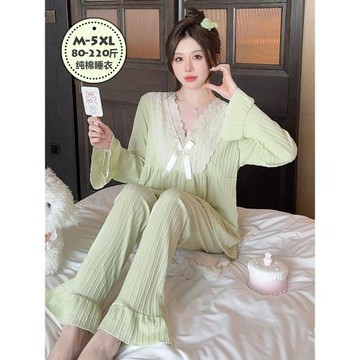 秋季睡衣女2024新款純棉長袖春秋款大碼200斤胖mm套頭家居服套裝