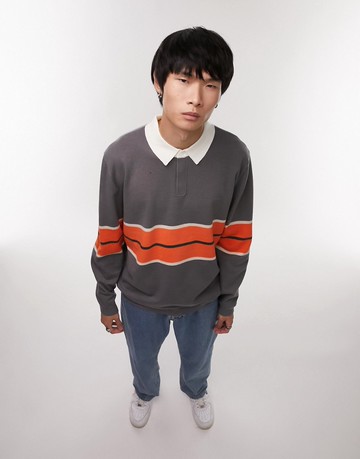 Topman knitted rugby polo with stripe in charcoal & orange-Multi