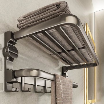 吸盤毛巾架槍灰浴室置物架一體太空鋁浴巾架廁所掛架子吸盤式