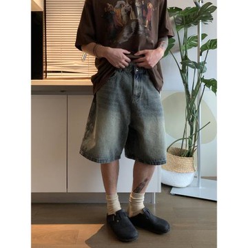 UPDAYWANG自制厚實推薦潮流復古水洗牛仔  情侶同款氣質五分褲潮