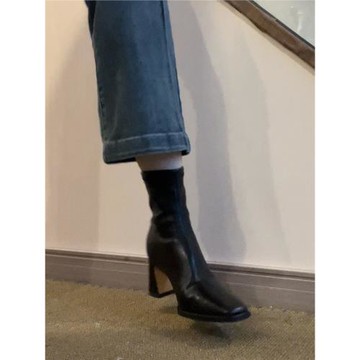 rubywu法式黑色瘦瘦靴方頭粗跟高跟彈力靴顯瘦氣質短靴女春秋單靴