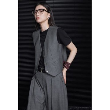 moment灰色V領西裝馬甲女2024秋季新款無袖超好看時尚復古日系