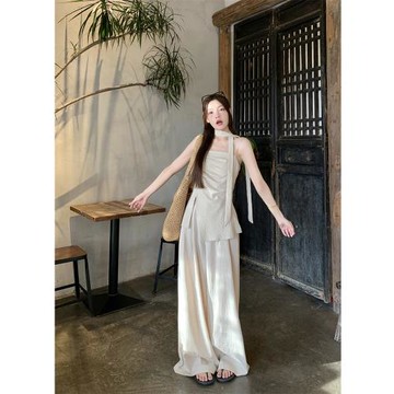 2025秋冬新款韓系時尚不規則褶皺吊帶背心上衣闊腿休閑褲女兩件套