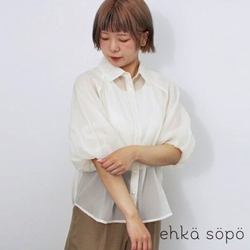 ehka sopo 透明感澎澎袖俐落翻領排釦襯衫(0F000906610)