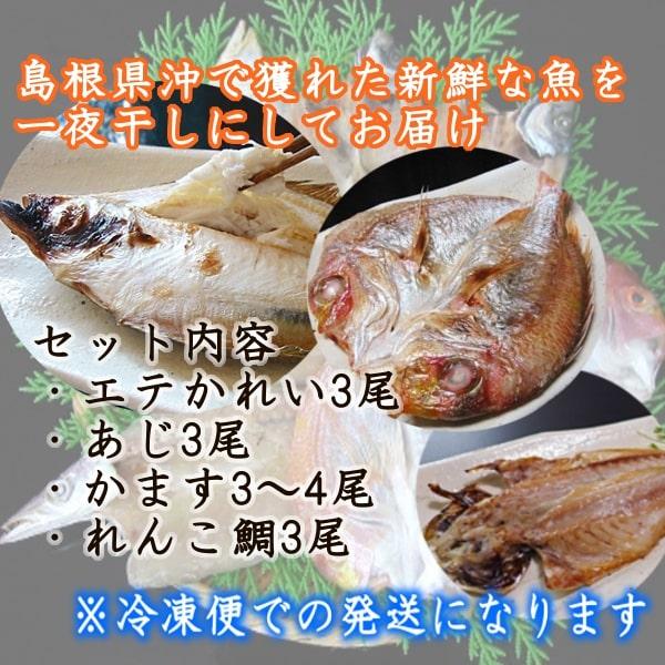 (地域限定送料無料)岡富商店  三人前地魚ひもの（エテかれい3尾・あじ3尾・かます3〜4尾・れんこ鯛3尾) 冷凍　干物セット ギフト 産地直送(sot111)