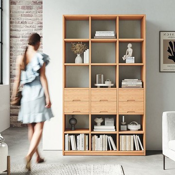 免運 附發票 超低價 工廠直銷 全實木松木書架落地客廳玄關櫃一體靠墻展示架多層格子書櫃 快速發貨