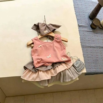 Mimo⭐女童韓系套裝夏季無袖背心T恤多層拼色條紋蛋糕裙兩件套