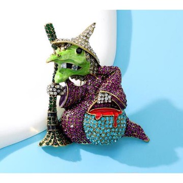 ANGEL 萬聖節女巫閃亮鋯石胸針別針2用(綠+紫色)