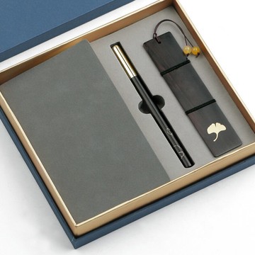 古典中國風紅木質書簽簽字筆記事本套裝禮品 精美復古風檀木制黃銅定制刻字 嵌銅銀杏葉創意生日小禮物紀念品