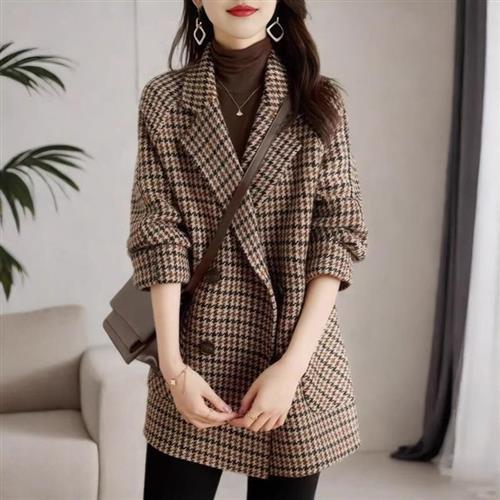 【米蘭精品】西裝外套休閒西服-千鳥格毛呢大衣氣質女外套74is25