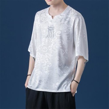 冰絲短袖t恤男薄款滑料v領體恤中國風潮牌唐裝半袖夏季男裝上衣服