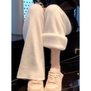 【老寒腿救星】松緊腰抽繩垂感百搭加絨拖地闊腿針織褲女