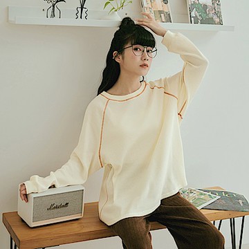 華夫格撞色車線寬鬆大學T-OB大尺碼