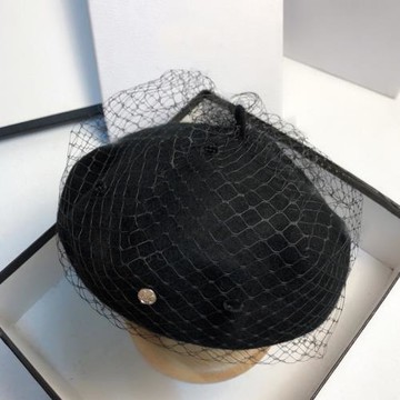 網紅輕奢秋冬新款毛呢貝雷帽網紗遮臉八角帽女戶外百搭畫家帽女