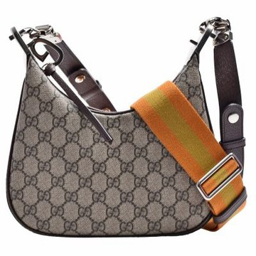 GUCCI 經典Attache系列雙G LOGO Supreme帆布拉鍊肩/斜背彎月包(小-烏木色)