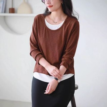 設計所在 棉麻隨性風 圓領假兩件長袖T恤(4色可選) 1252