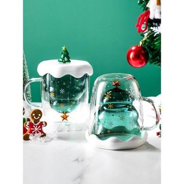 圣誕節雙層圣誕馬克杯星愿杯被子保溫杯玻璃杯女新款2022帶蓋女生