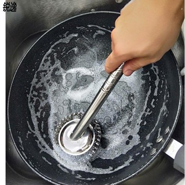 長柄不銹鋼洗鍋刷帶手柄鋼絲球鋼絲刷清潔刷燒烤爐刷鍋神器鐵刷子