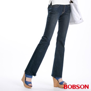 BOBSON 女款中腰伸縮小喇叭褲(藍52)