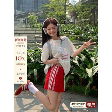 宋正恩多巴胺紅色美式復古高腰短褲女夏季寬松直筒運動休閑褲熱褲