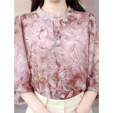 2025早秋新款氣質顯瘦花色雪紡衫減齡七分袖上衣國風大碼寬松小衫